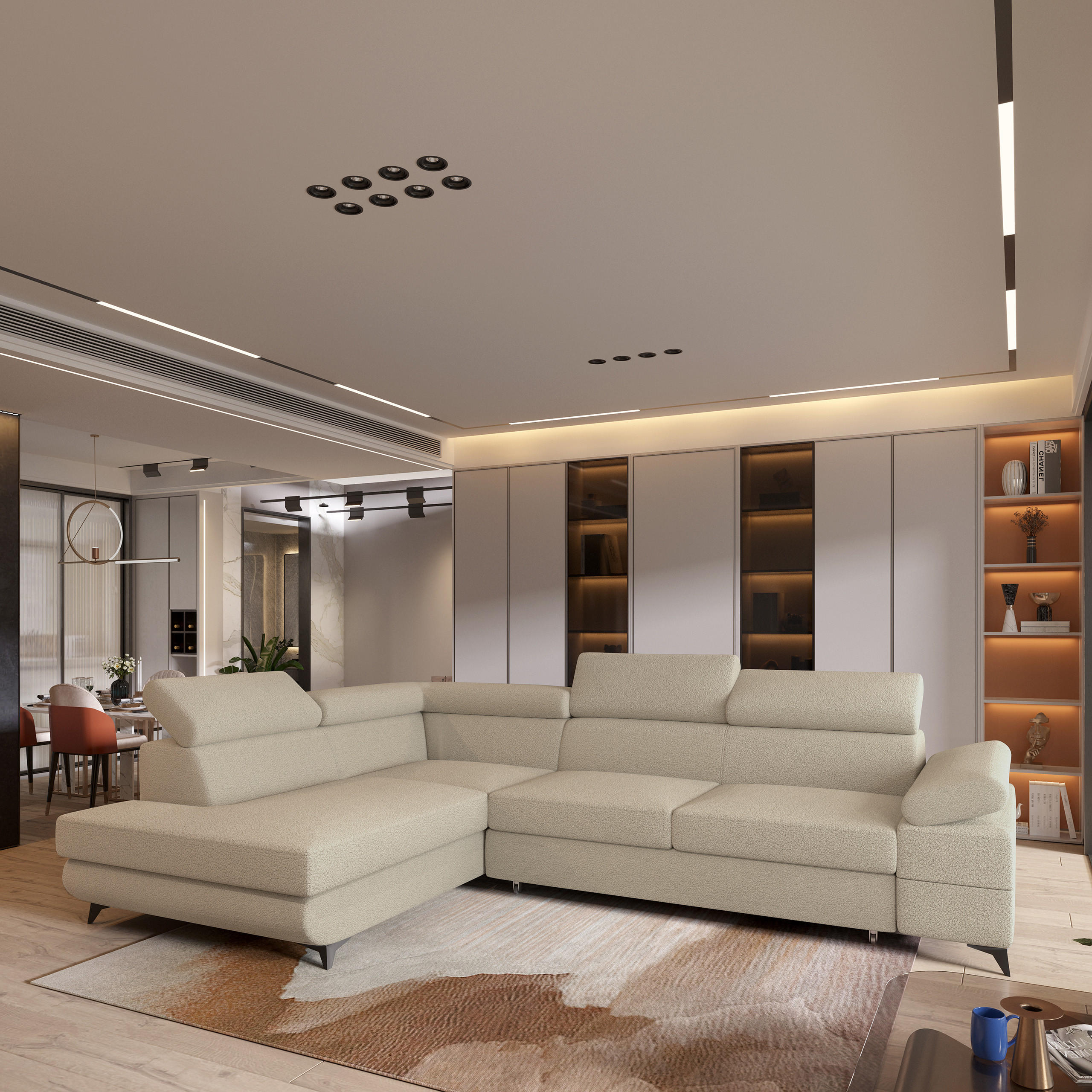 ECKSOFA FAVIEN L-S Beige Boucle-Stoff mit Schlaffunktion - Beige, Holz (257/190cm) - MASSENO