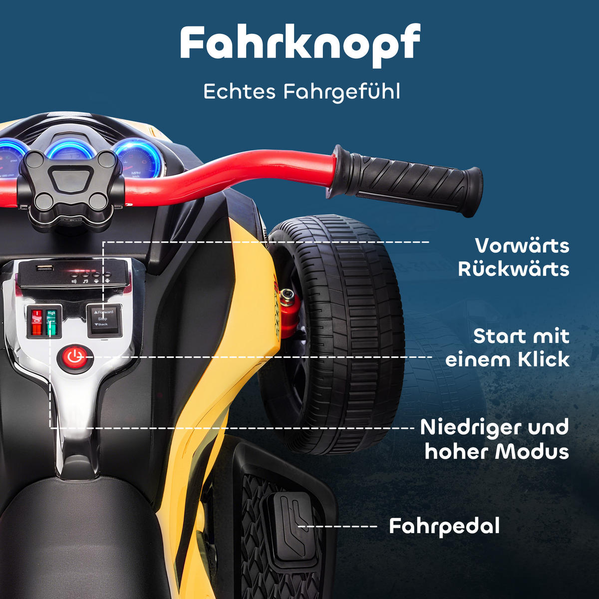 KINDER-ELEKTROQUAD 12V Kinderquad mit 3 Rädern, 2 Geschwindigkeiten, Gelb - Gelb, Kunststoff (113/74/63cm) - AIYAPLAY