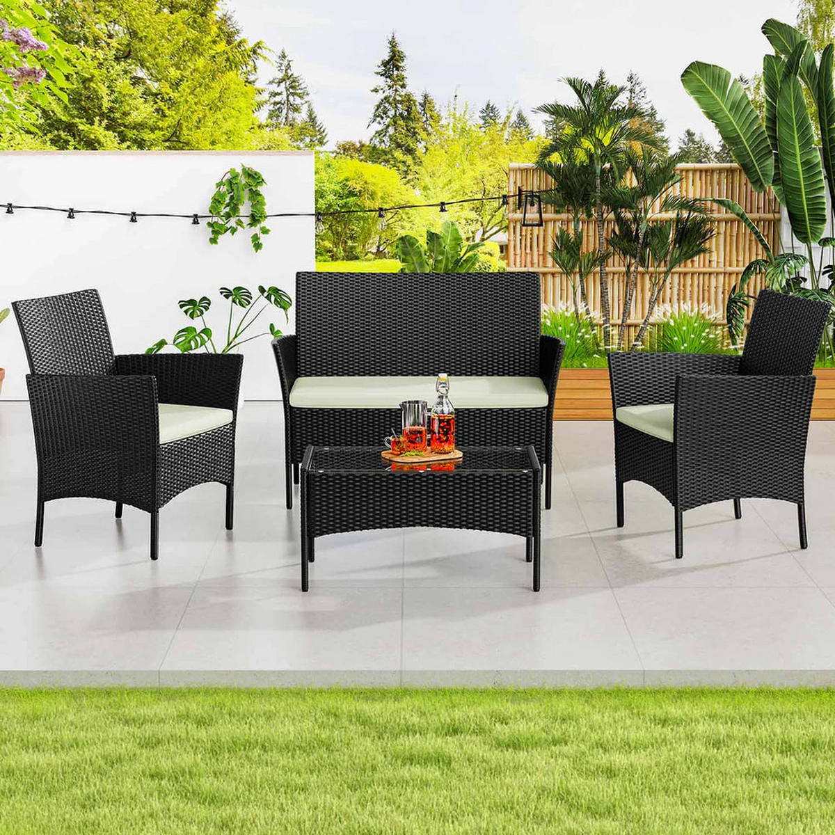 ECKSOFA Loungeset 4tlg Schwarz Gartensofa Set - Schwarz, Textil - Rattrix