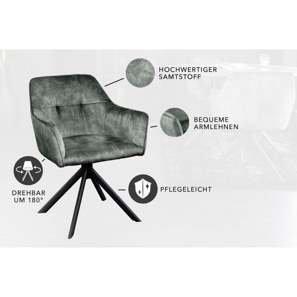 STUHL LOFT Samt Grün - Grün, Textil (60/83/61cm) - riess-ambiente