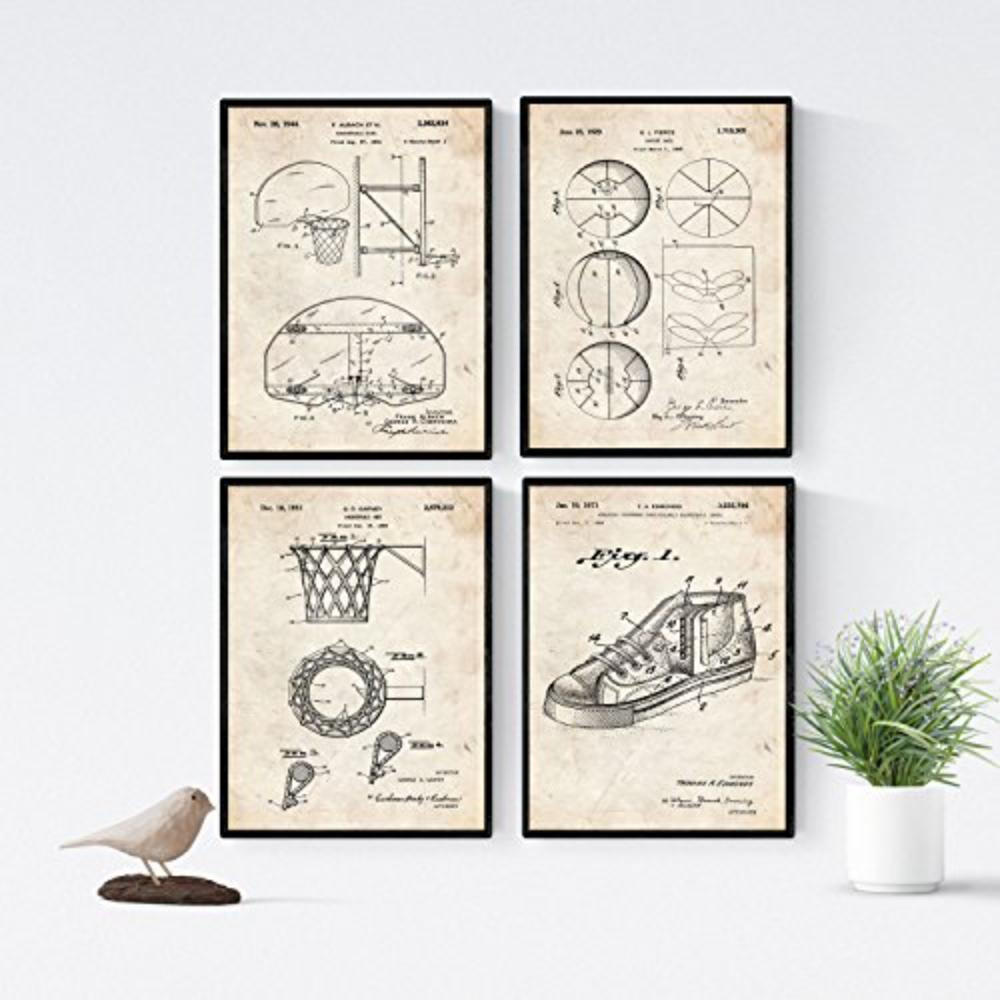 POSTER Set mit 4 Jahrgang Patenten Basketball A4 Schwarzer Rahmen - Schwarz, Papier (29.7/3cm) - Nacnic