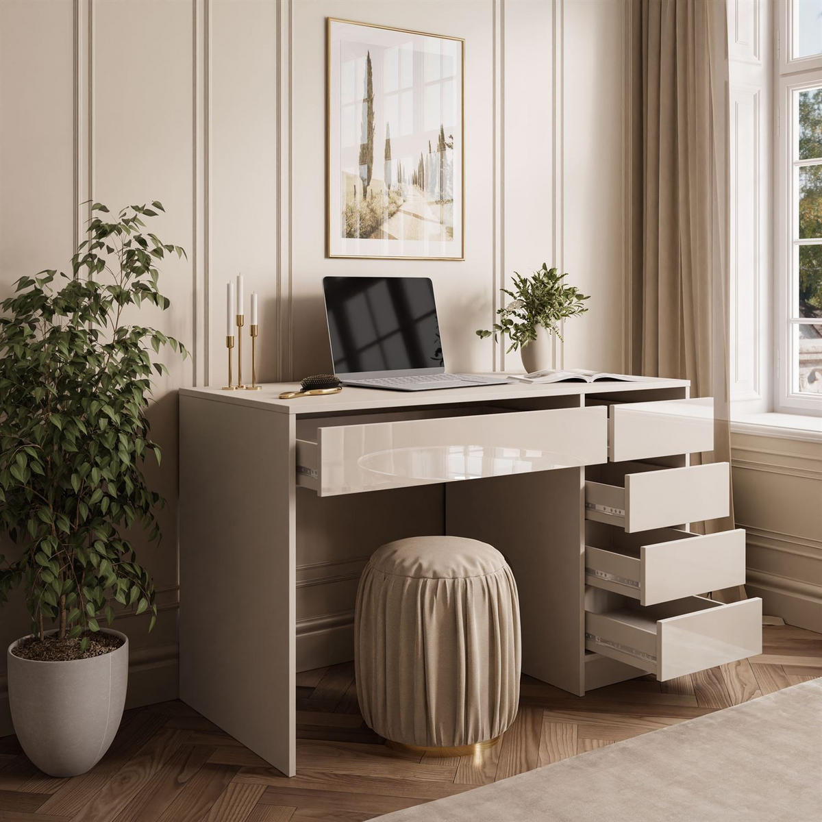 SCHREIBTISCH MADA GLOSS mit Schubladen - Kaschmir, Holzwerkstoff (55/120/75cm) - Lookway