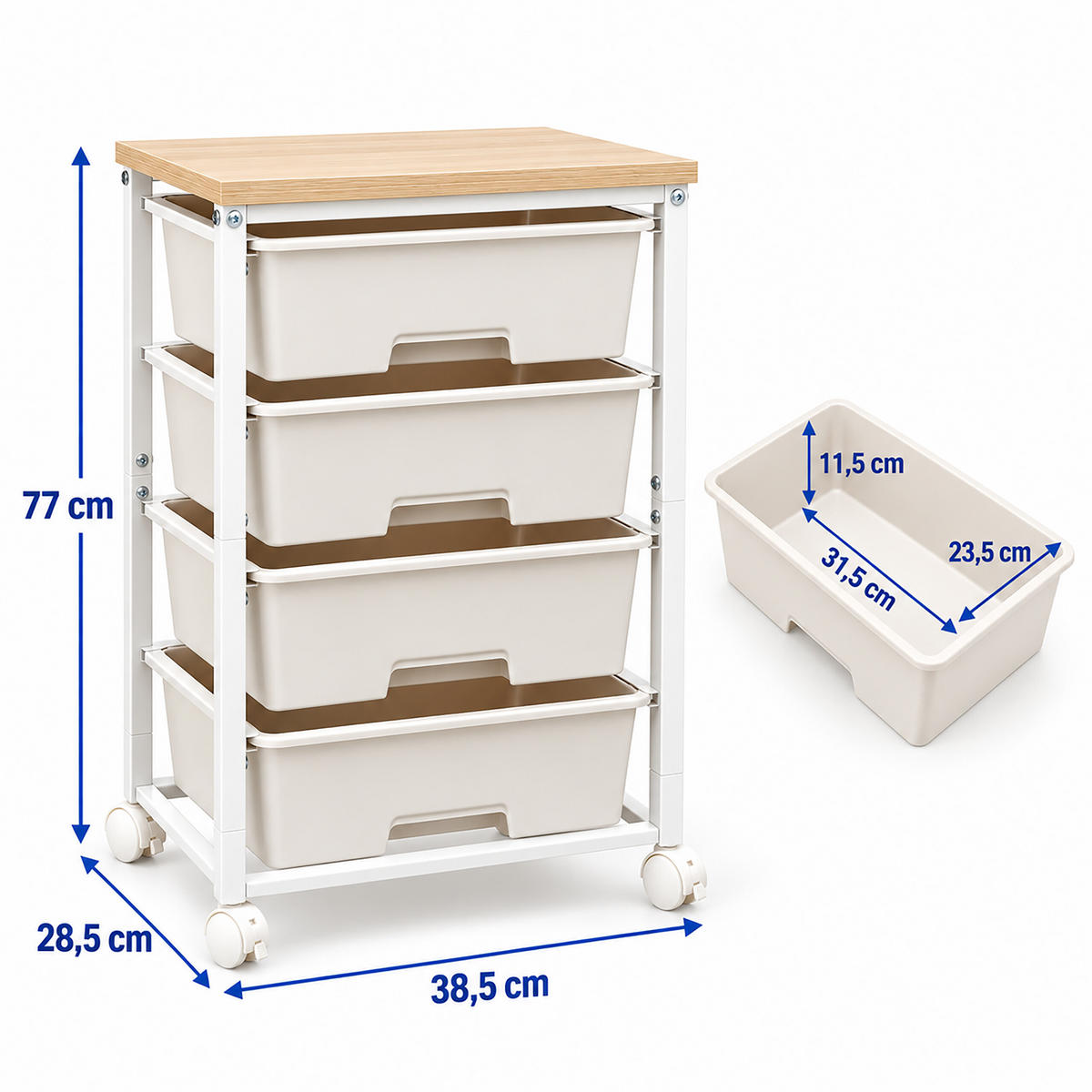 ROLLWAGEN Weiß 4 Kunststoffschubladen 77x39x29 cm - Weiß, Holzwerkstoff/Kunststoff (38.5/77/28.5cm) - Relaxdays