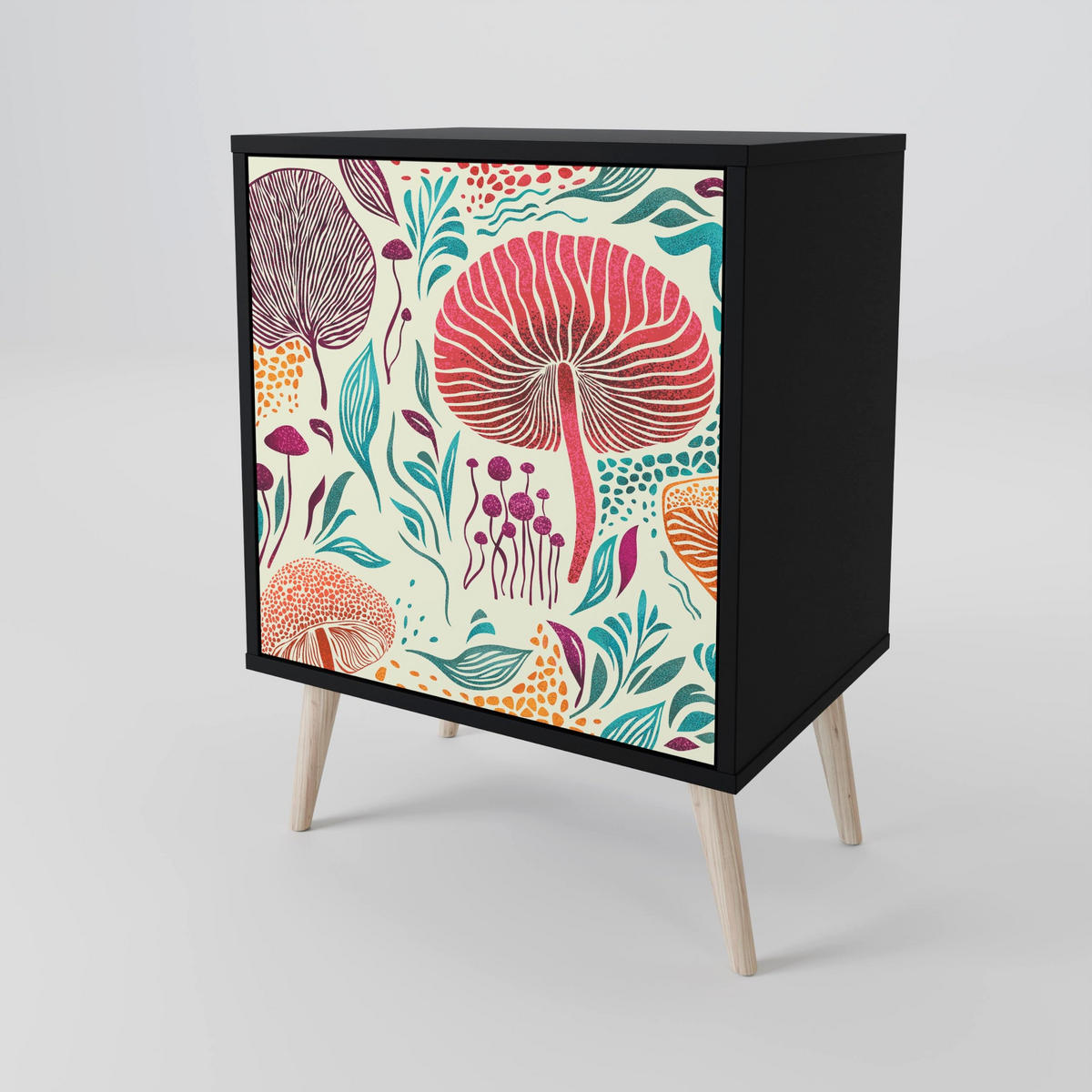 SIDEBOARD FUNGUS FANTASY, Schwarz, 57,5x42x75,5 cm, Goldfarbene Metallfüße - Goldfarben/Multicolor, Holzwerkstoff/Metall (57.5/75.5/42cm) - SpaceRebels