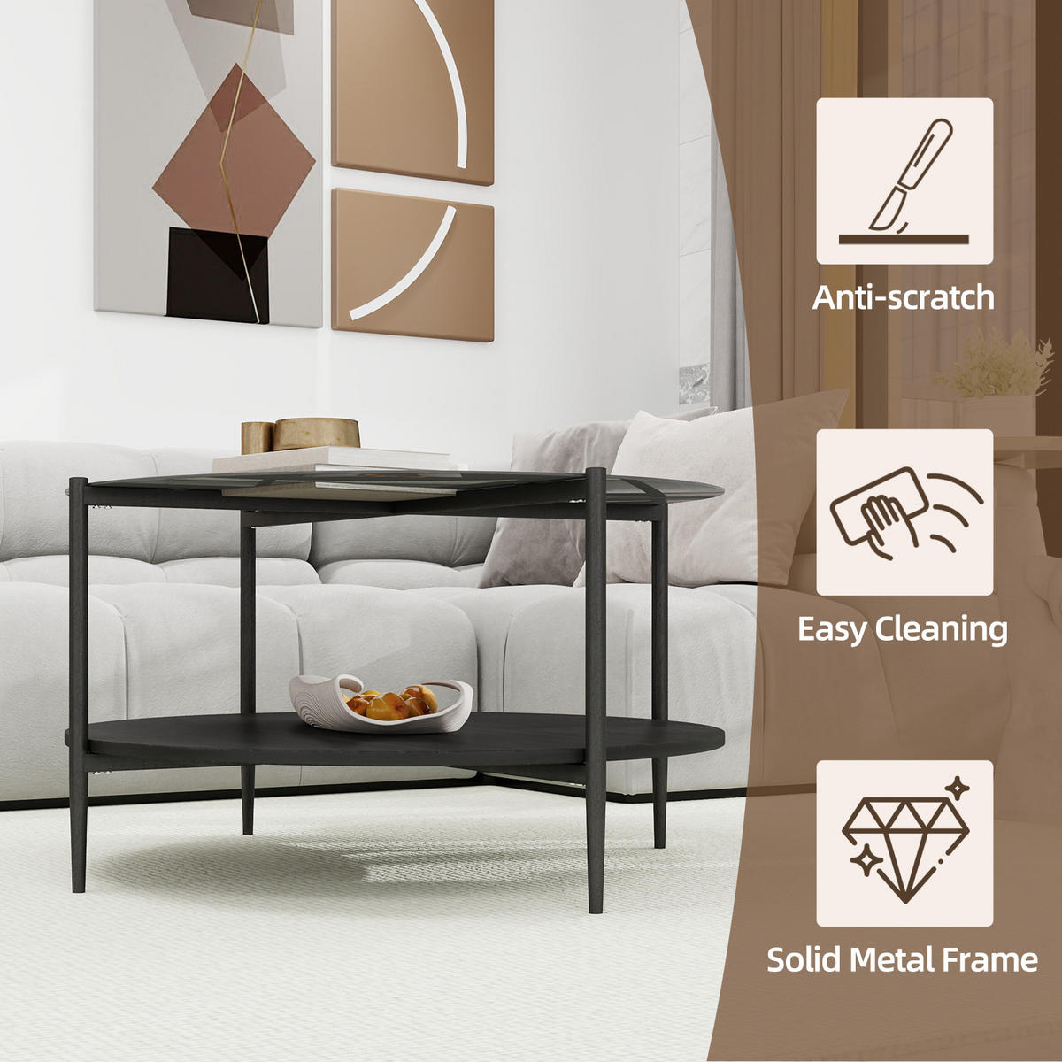 COUCHTISCH DE-37287 rund mit Glasplatte und zweistufigem Design Schwarz - Schwarz, Metall (82/82/45cm) - ComfortXL