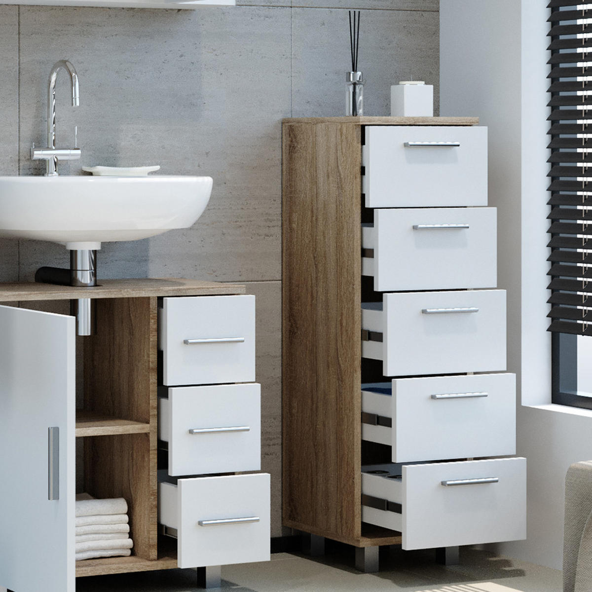 BADSCHRANK Ilias Sonoma 30 x 95 cm - Weiß/Sonoma Eiche, Holzwerkstoff (30/95/30cm) - Vicco
