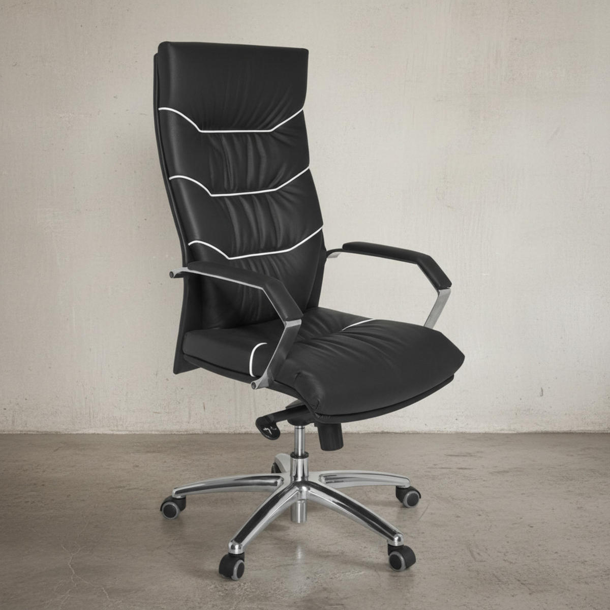 CHEFSESSEL Echtleder mit Soft-Air Polsterung und Aluminiumfußkreuz 5-Punkt-Mechanik KANZAS - Silberfarben/Schwarz, Leder (60/126/55cm) - KADIMA DESIGN