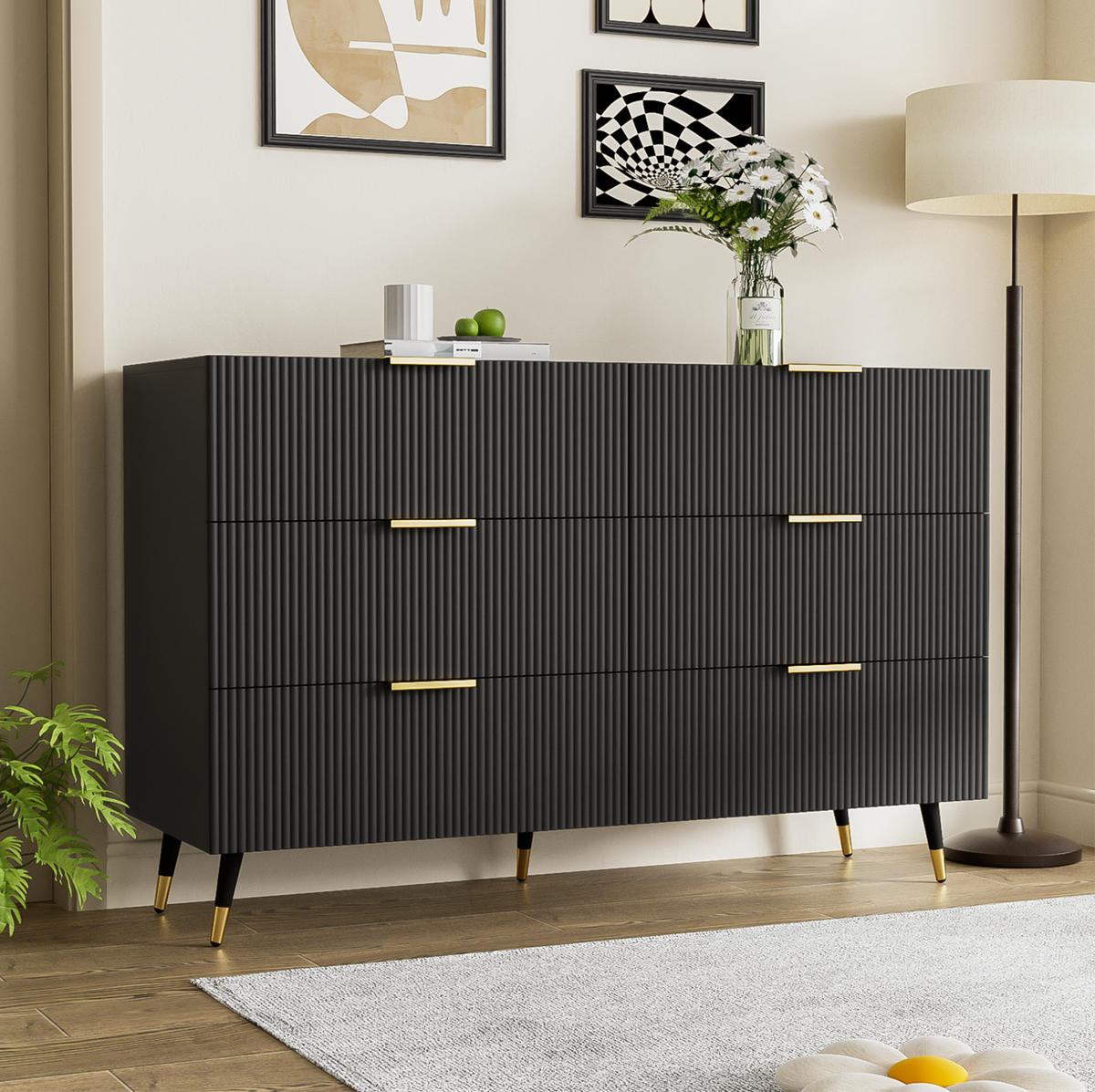 KOMODA, 120/77/40 cm, dřevotříska černá/zlatá, se 6 zásuvkami - černá, kompozitní dřevo (120/40/77cm) - BEAOK