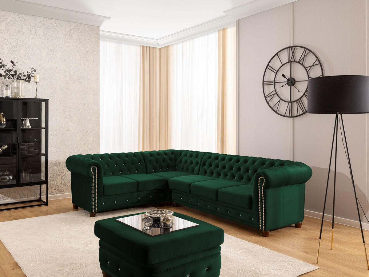 ECKSOFA Chesterfield Cleo Blink Flasche Grün Samt mit Kristallsteppung und braunen Massivholzfüßen - Ottomane Links - Braun/Grün, Holz/Textil (264/210cm) - S-Style Möbel