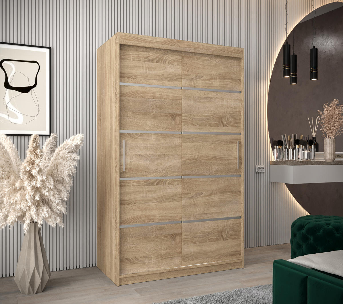 SCHWEBETÜRENSCHRANK 200/120/62 2-türig - Silberfarben/Sonoma Eiche, Holz/Kunststoff (120/200/62cm) - Abiks Möbel
