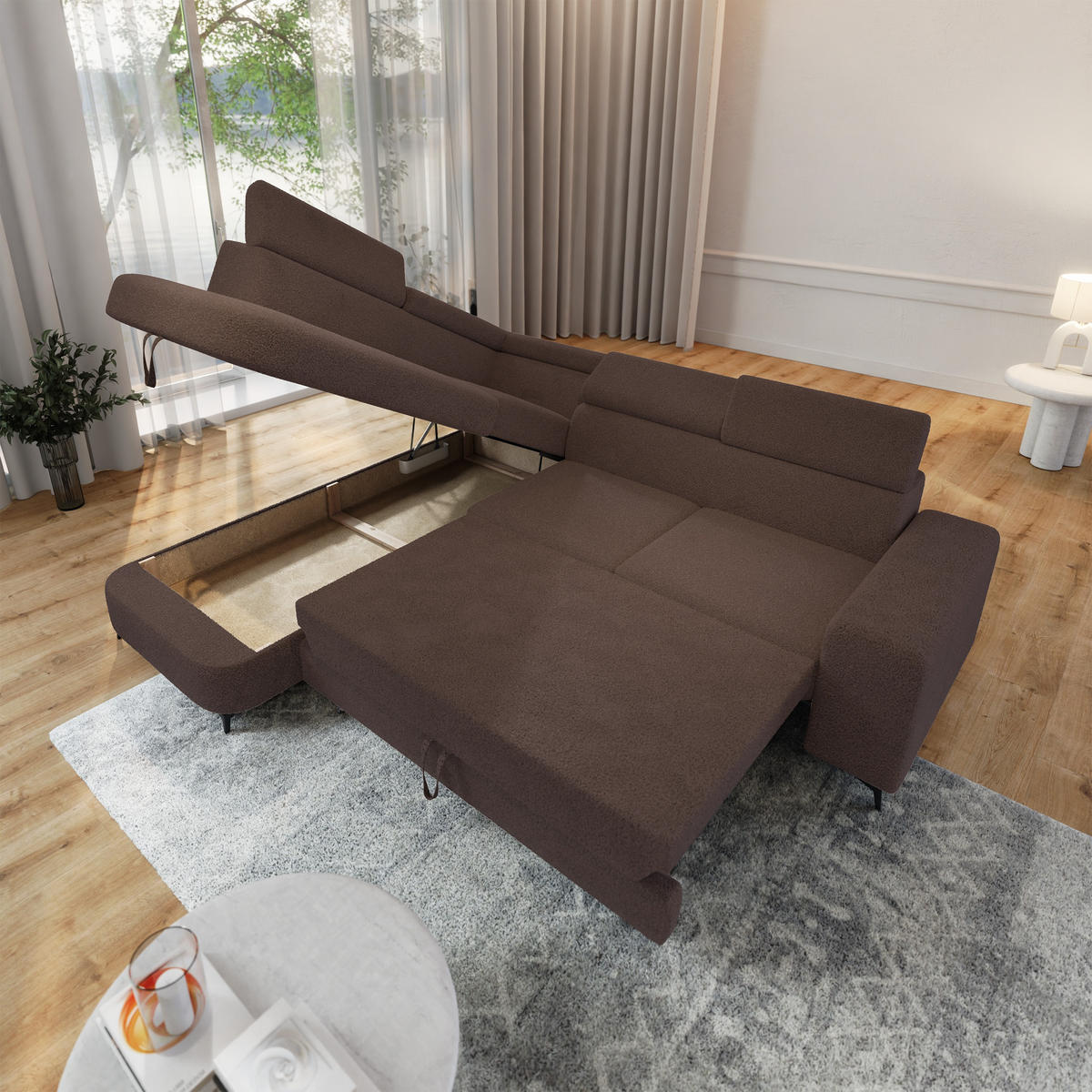 ECKSOFA ALVORO L-S Braun Boucle-Stoff mit Schlaffunktion - Braun, Holz (253/190cm) - MASSENO