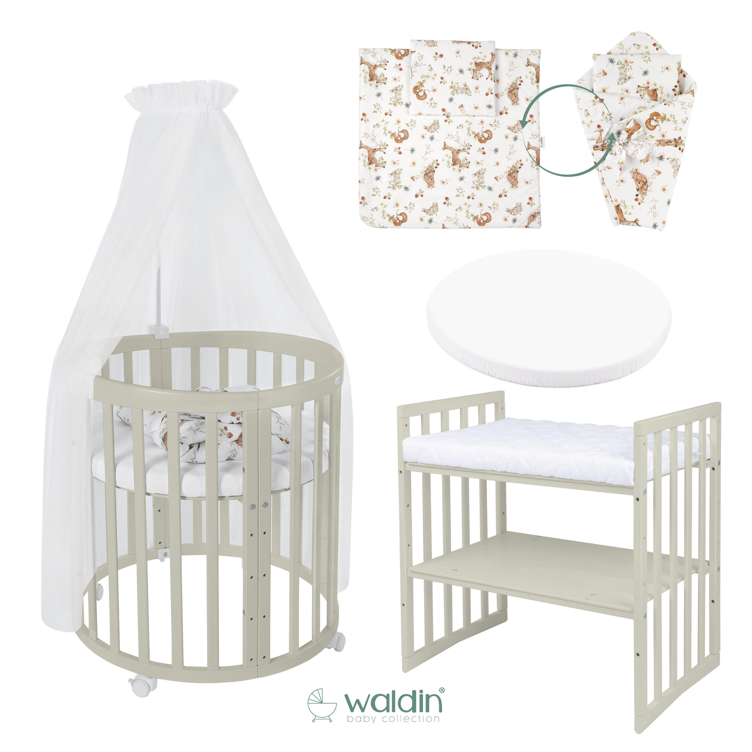 BABYBETT OLIVE OVAL 7in1 mit Matratze und Himmelset - Multicolor/Olivgrün, Holz/Textil