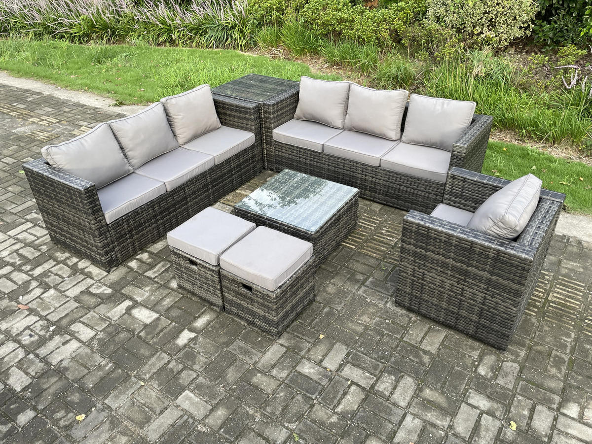 GARTENTISCHGRUPPE Polyrattan 9-Sitzer - Dunkelgrau, Metall - Fimous