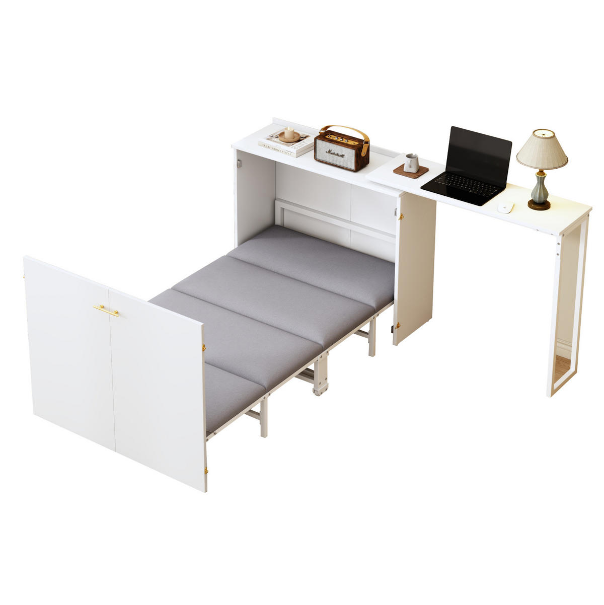 SCHRANKBETT Klappbett 90/200 cm aus Metall und Holz mit drehbarem Schreibtisch und Matratze Weiß/Holzfarbe - Weiß, Metall (90/200cm) - Modenvie