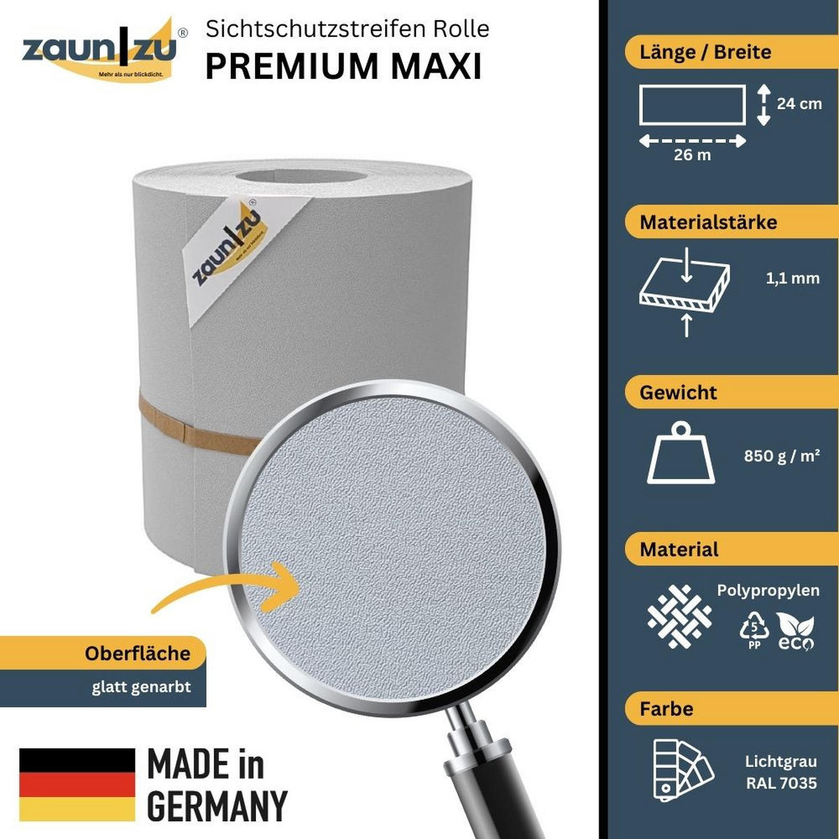 SICHTSCHUTZSTREIFEN Premium Maxi für Doppelstabmatten 24cm hoch Lichtgrau 26m - Hellgrau, Kunststoff (2600/24cm) - ZAUN|ZU