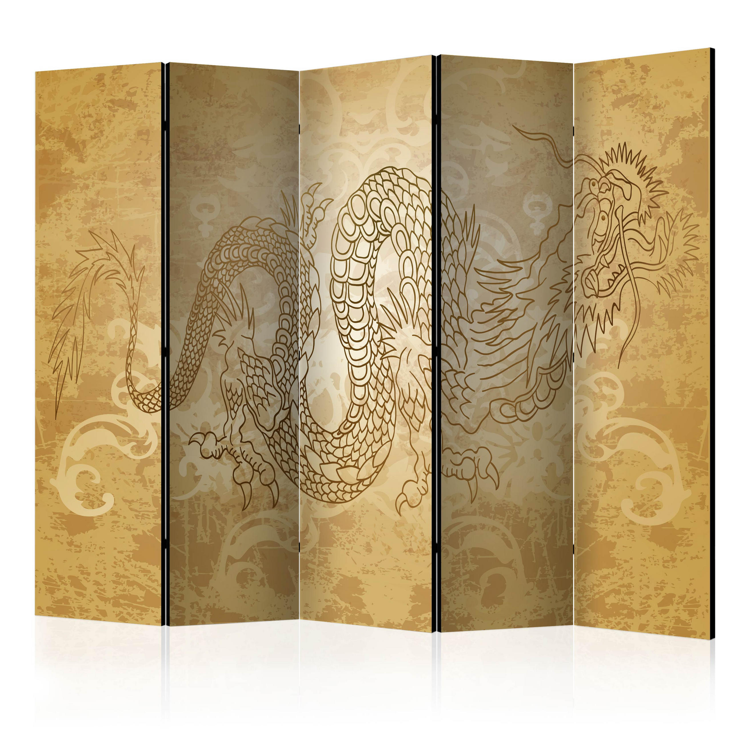 PARAVÁN Akustický 5-Dielny 225x172 cm Drak a Ornamenty - žltá, drevo/textil (225/172/3cm) - Muralo