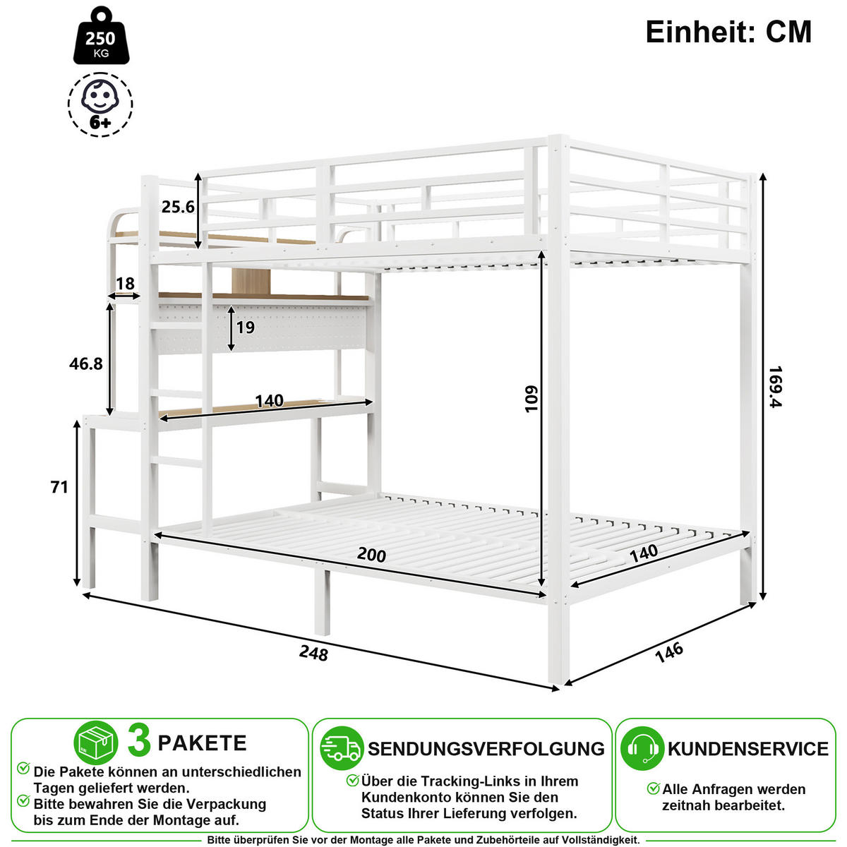ETAGENBETT 140/200 cm in Weiß mit Schreibtisch, LED und USB - Weiß, Holzwerkstoff/Metall (140/200cm) - CHICFURN