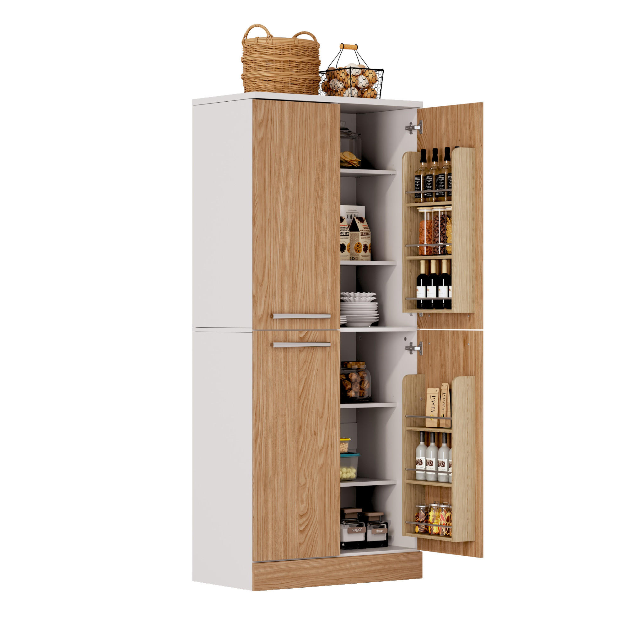 BUFFET 76/42/180 cm in Weiß/Eichefarben mit 4 Türen - Weiß, Holzwerkstoff (76/180/42cm) - Flora Grace