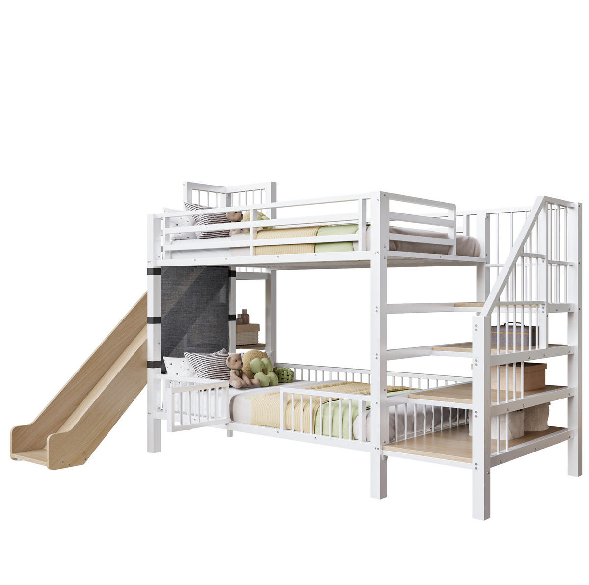 HOCHBETT 90/200 cm aus Metall/MDF mit Rutsche, Stauraumtreppe und Regalen Weiß - Weiß, Metall (90/200cm) - Modenvie