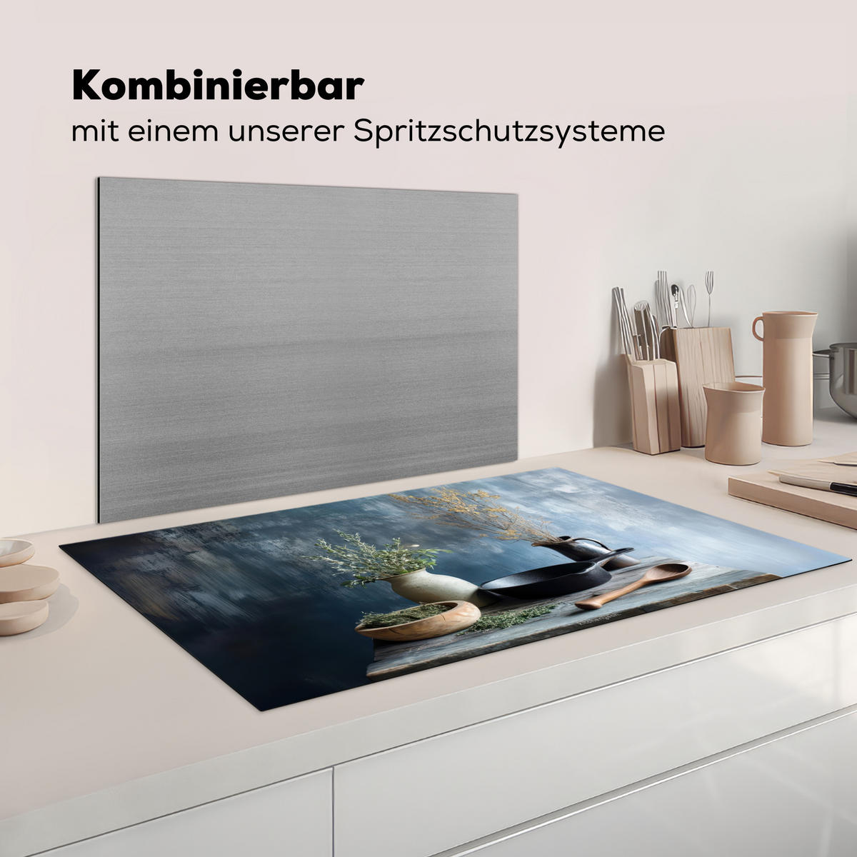 HERDABDECKPLATTE Stilleben - Kräuter - Rustikal Induktionsschutz 91.6x52.7 cm - Blaugrau, Kunststoff (91.6/52.7/0.2cm) - MuchoWow