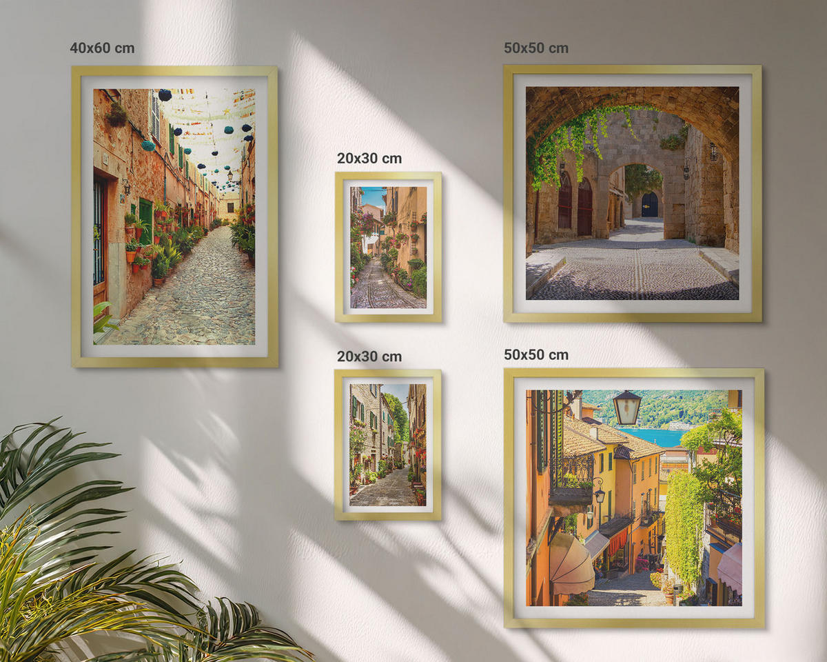 BILDER SET 5er Set - 50x50 cm & 20x30 cm & 40x60 cm Goldrahmen - Italienische Straßen, Blumen, Architektur - Goldfarben, Kunststoff (40/60cm) - TULUP