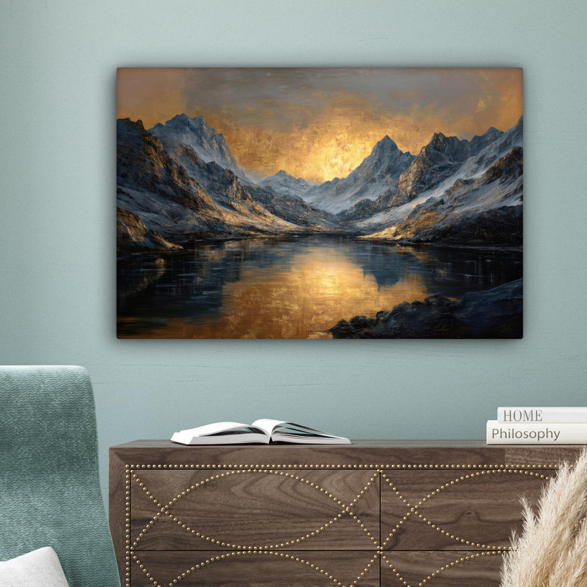 LEINWANDBILD Bergkulisse mit goldenem Sonnenuntergang Wanddeko 90x60 cm - Goldfarben, Textil (90/60cm) - MuchoWow