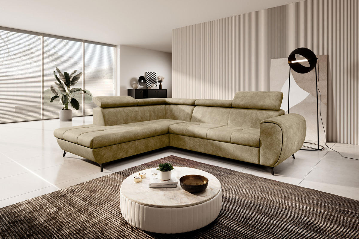 ECKSOFA MAGIA L-S Beige Plüsch-Stoff mit Schlaffunktion - Beige, Holz (260/217cm) - MASSENO