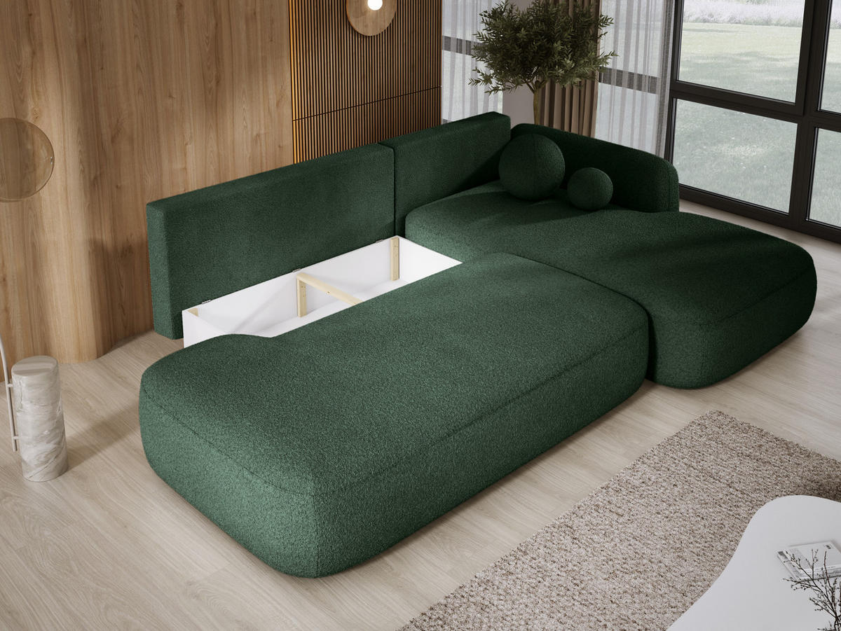 ECKSOFA BABU mit Schlaffunktion, Moderne Polsterecke für Wohnzimmer, funktionales Schlafsofa im Stoff NOW OR NEVER, 300x105x60cm rechte, grün​ - Waldgrün, Holz/Textil (300/190cm) - DomoHome
