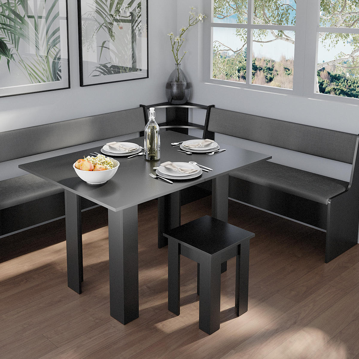 ECKBANKGRUPPE Roman Schwarz 180 x 41.5 cm mit Tisch - Taupe/Schwarz, Holzwerkstoff (210/80/180cm) - Vicco