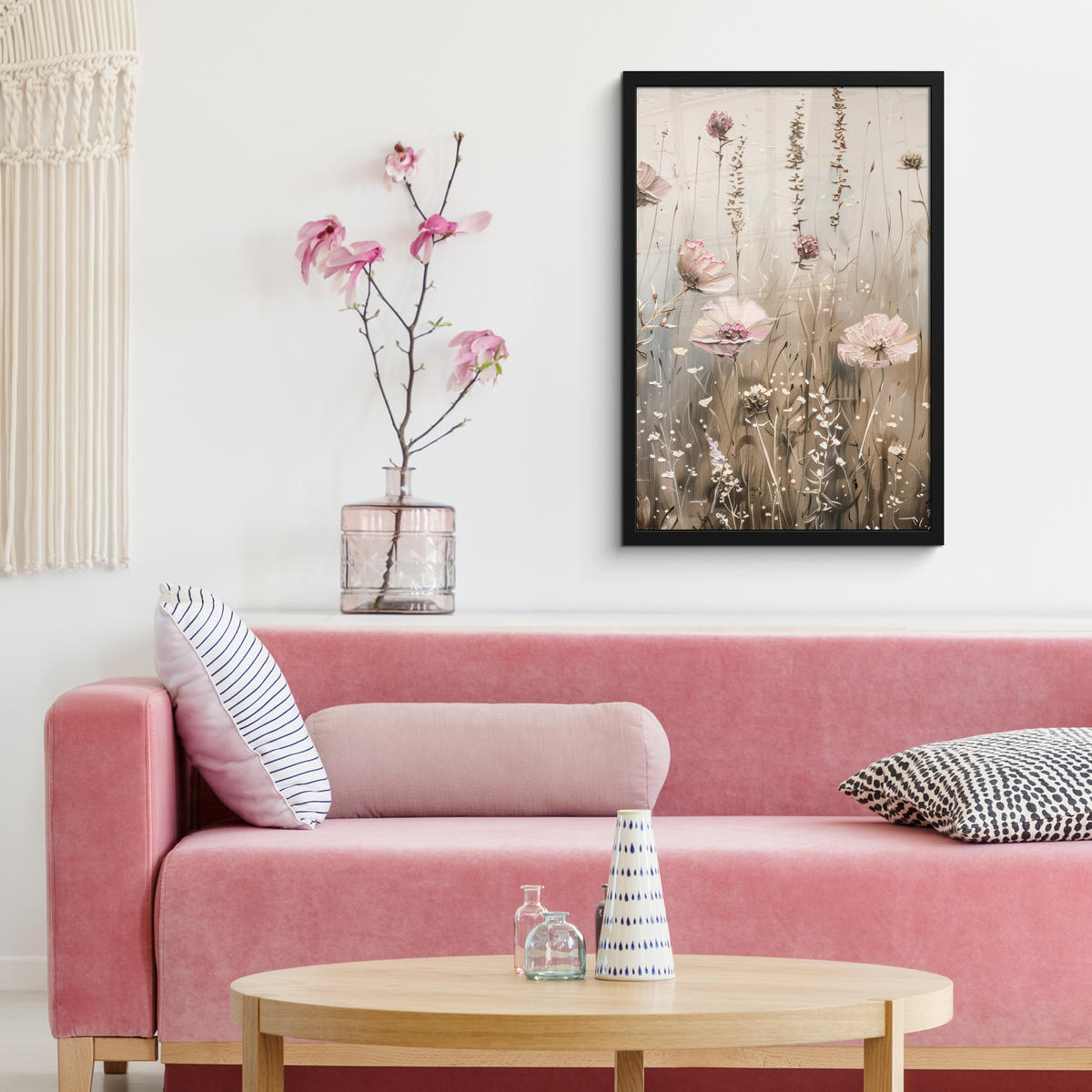 GERAHMTES BILD Blumen - Rosa - Modern - Beige 40x60 cm - Beige, Papier (40/60cm) - MuchoWow