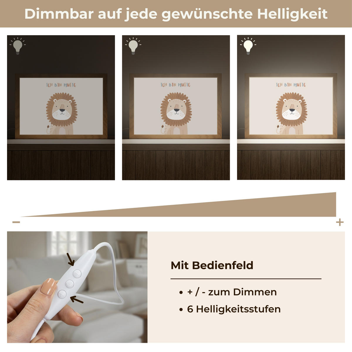 WANDLEUCHTE Löwe - Beige - Tier - Mutig - Zitat 30x20 cm - Beige, Holzwerkstoff (30/20/8cm) - OnlyWow