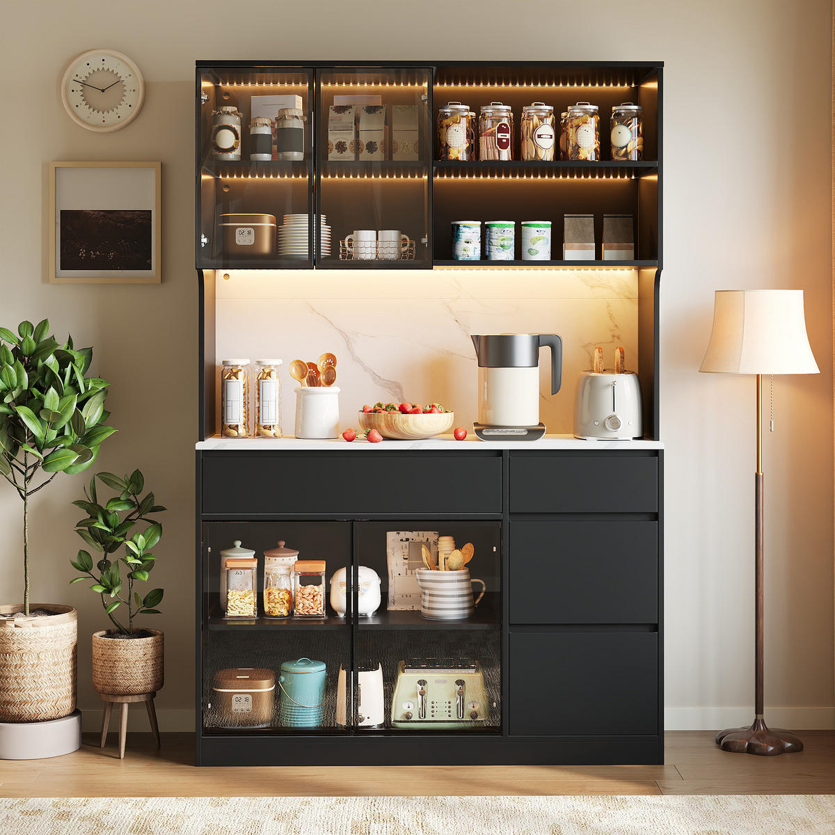 HOCHSCHRANK Vitrine LED Marmoroptik Glaselemente Schwarz Weiß - Multicolor, Holzwerkstoff (120/180/40cm) - FLIEKS