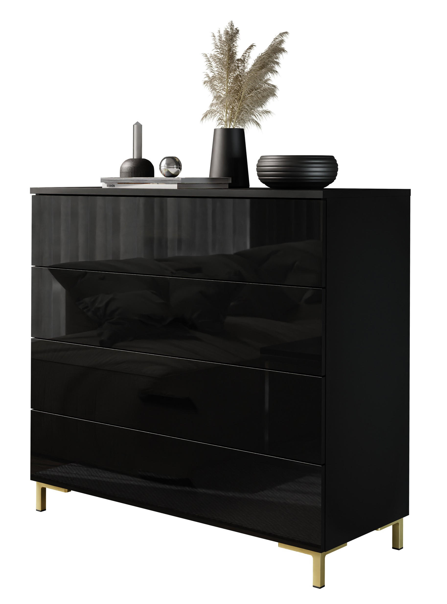 KOMMODE LINA 95 PUSH OPEN mit goldenen Beinen - Schwarz, Holzwerkstoff (95/84/40cm) - Lookway