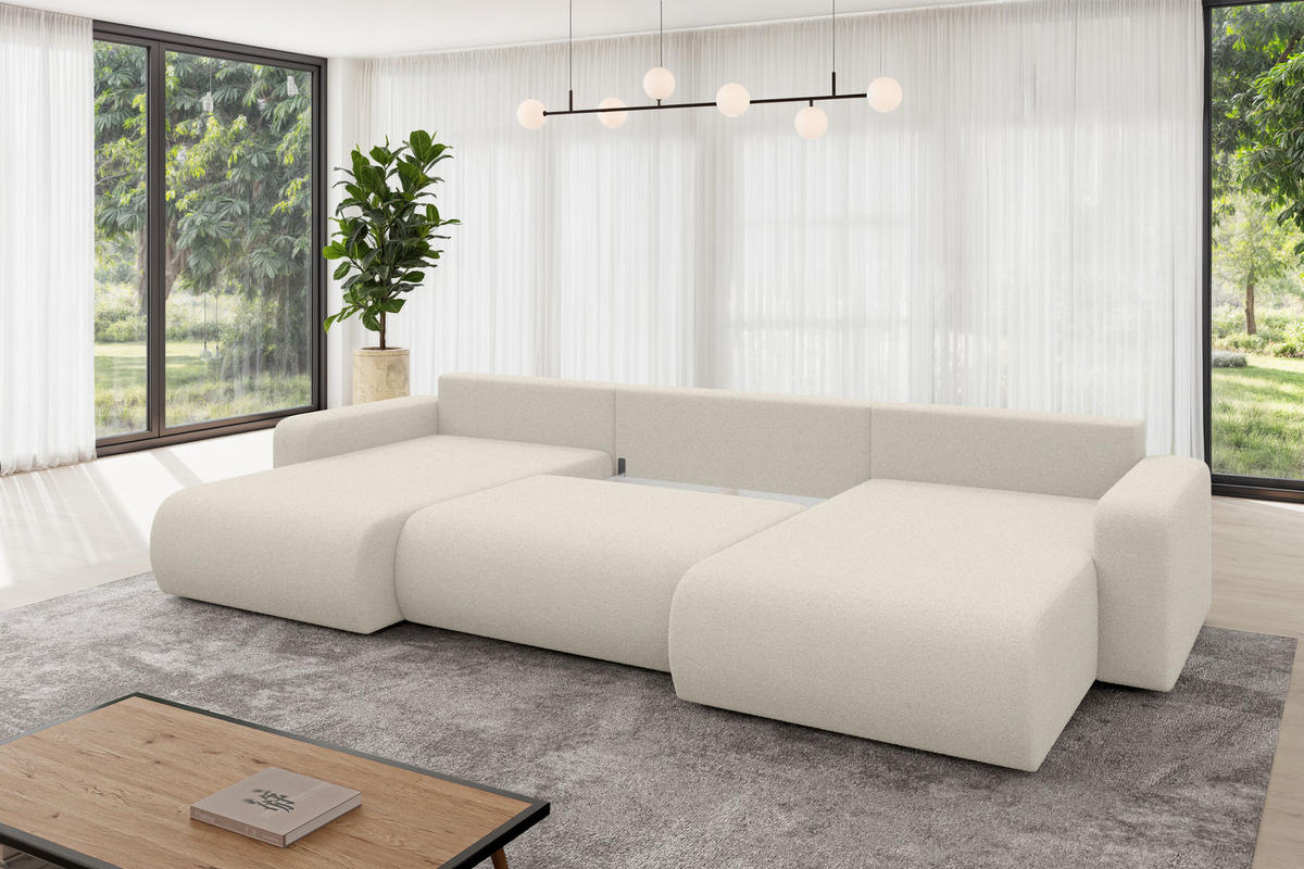 SEDACÍ SOUPRAVA DO U s funkcí spaní a úložným prostorem BERY-U 377x193x88 béžová bouclé - černá/písková barva, kompozitní dřevo/textil (377/88/193cm) - ALTDECOR