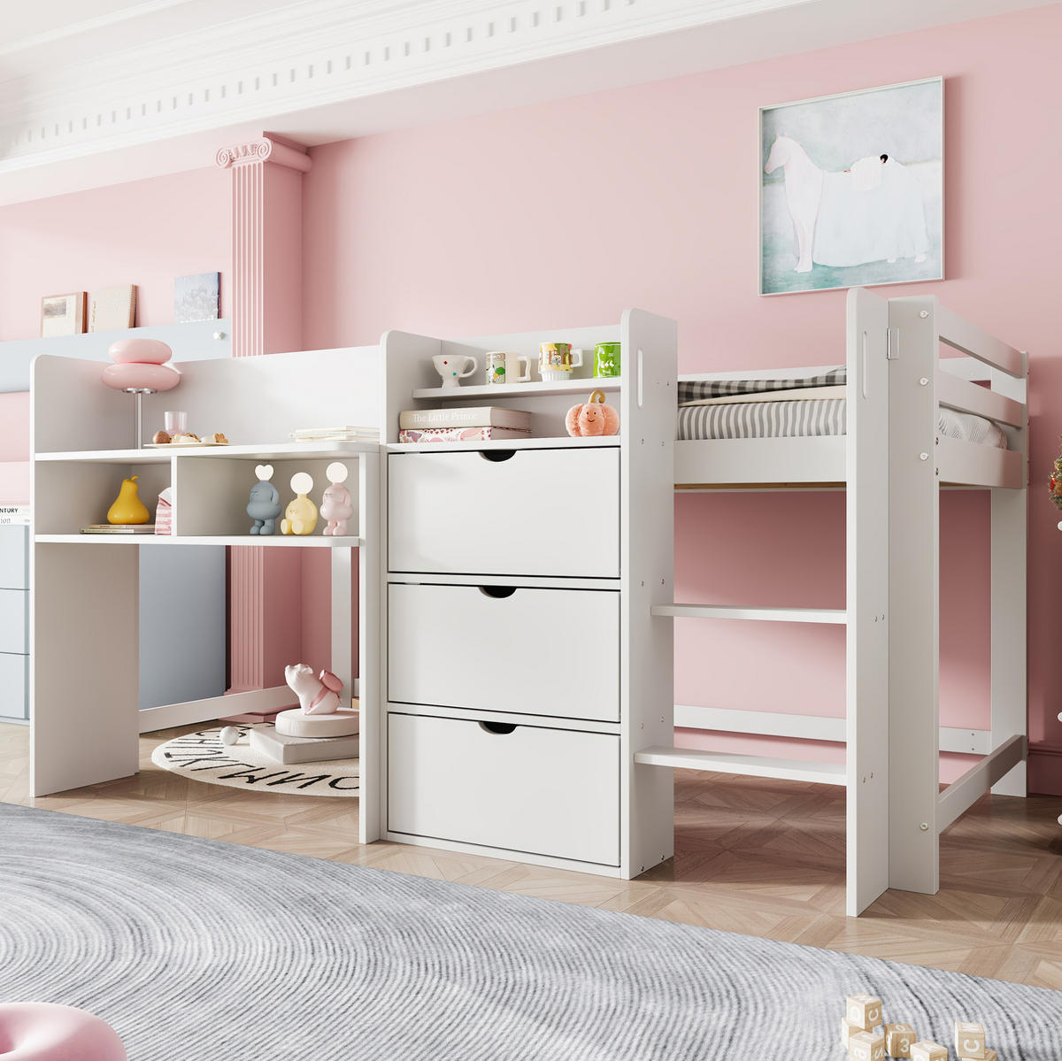HALBHOHES Bett 90/200 cm weiß aus Kiefer mit Stauraum - Weiß, Holz (90/200cm) - OKWISH