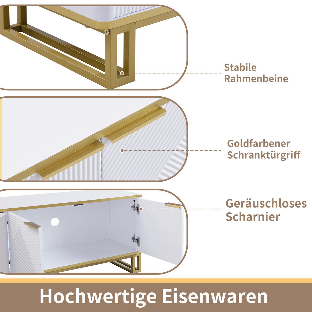 LOWBOARD in Weiß und Gold TV-Schrank mit vier Türen für Wohnzimmer, B160/T37.5/H48 cm - Goldfarben/Weiß, Holzwerkstoff/Metall (160/48/37.5cm) - STILVORA