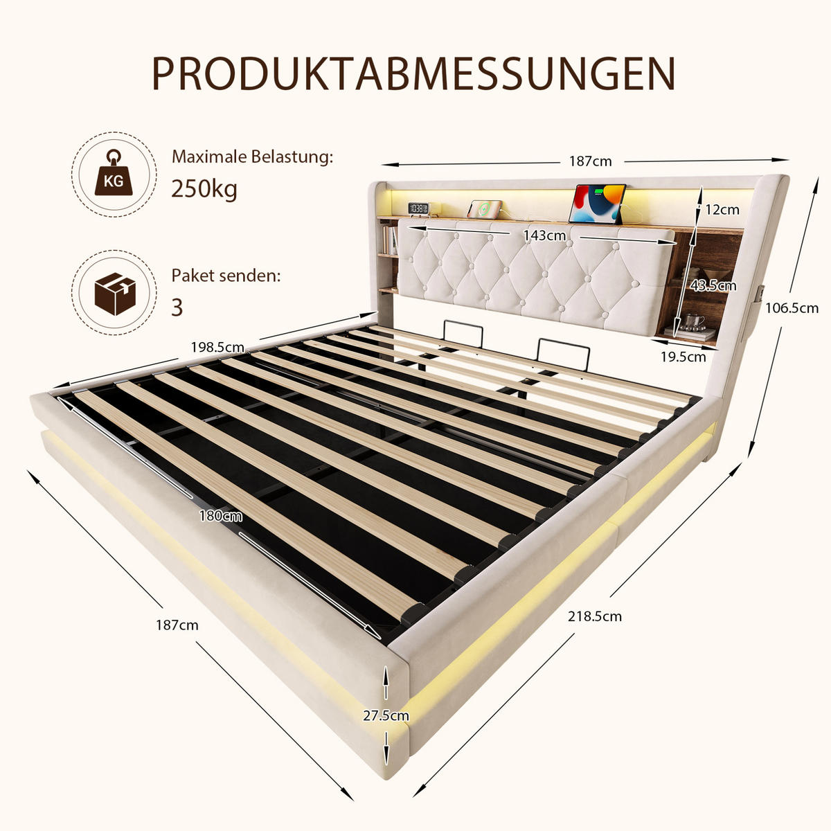 SAMETOVÁ čalouněná postel 180/200 cm s LED, USB-C a hydraulickým úložným prostorem, Béžová - béžová, textil (180/200cm) - Redom