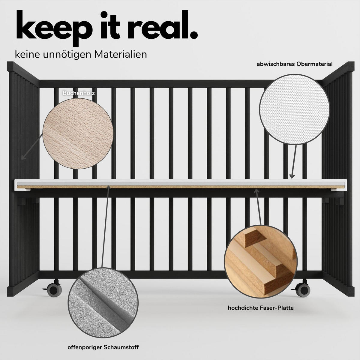 LAUFGITTER 75x100 cm mit Matratze & Schlupfsprossen - Black Edition - Premium Kollektion - Schwarz, Holz (100/74/75cm) - Sämann – make a difference.