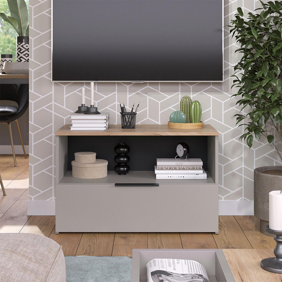 KOMMODE Wido Greige 80 x 50 cm mit 1 geschlossenem Fach - Greige/Sonoma Eiche, Holzwerkstoff (80/50/40cm) - Vicco