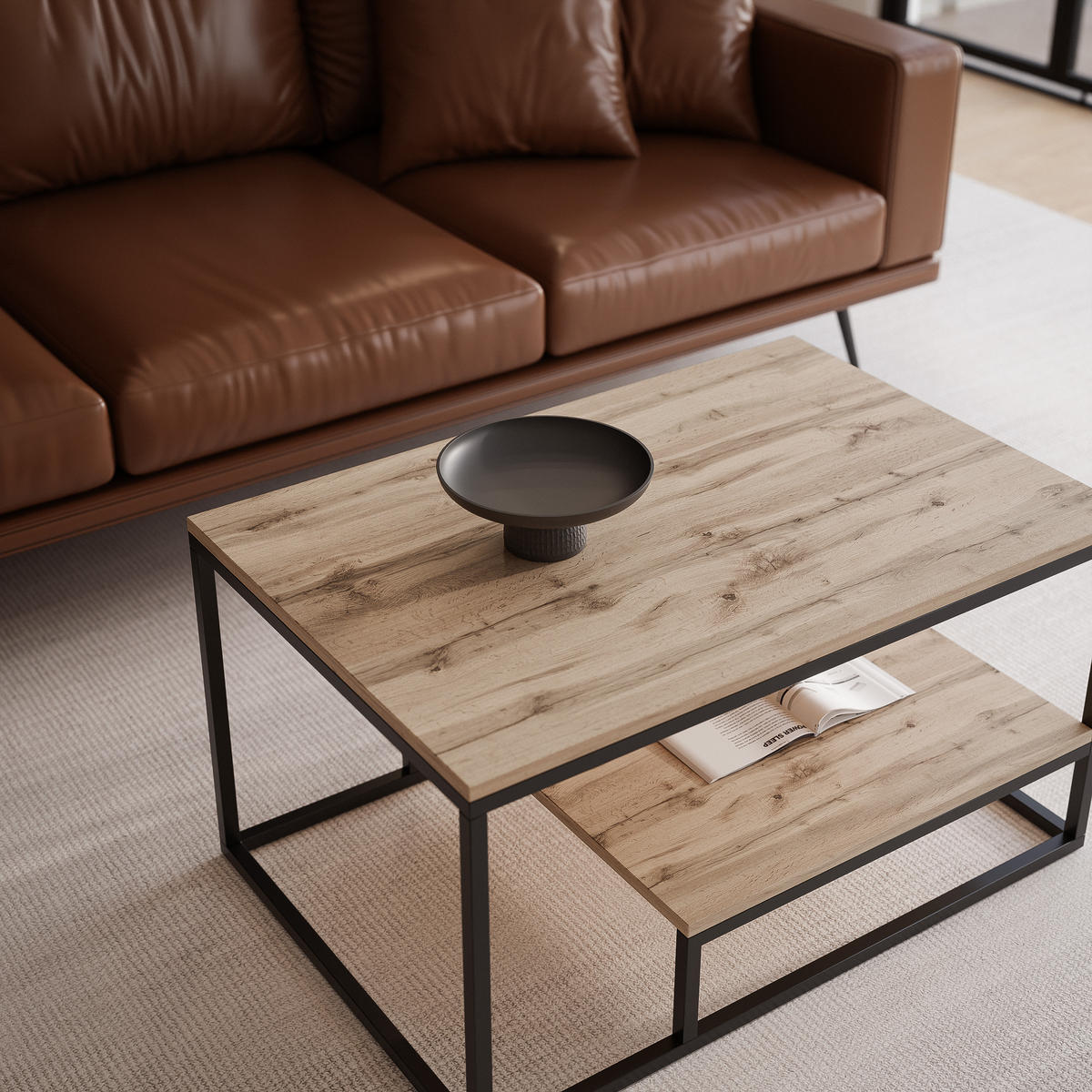 COUCHTISCH LETO 90/68/48 cm, rechteckig, Schwarz / Wotan-Eiche - Eiche Wotan/Schwarz, Holzwerkstoff/Metall (68/90/48cm) - Idohome