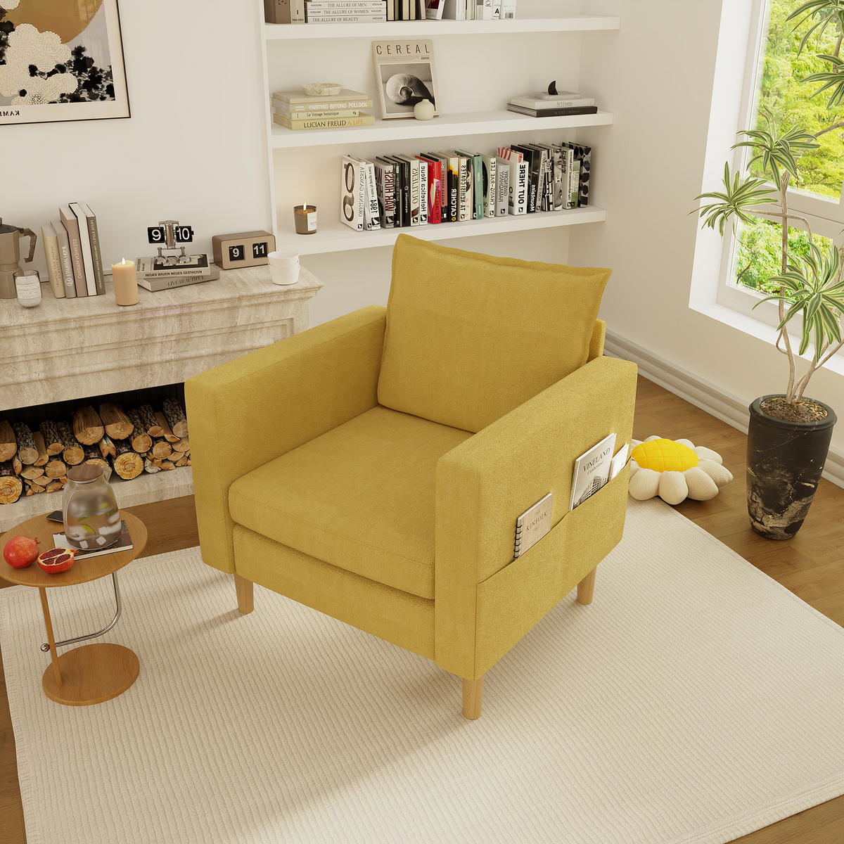 SESSEL Chenille Senfgelb mit Seitentasche - Gelb, Holz/Holzwerkstoff (71/82/68cm) - WISHDOR