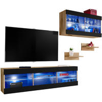 4-ER Set, Wohnwand TIVOLI SET3+BLU Offener Raum Wotan + Schwarz - Schwarz/Weiß, Glas/Holzwerkstoff (240/195/35cm) - Komodee