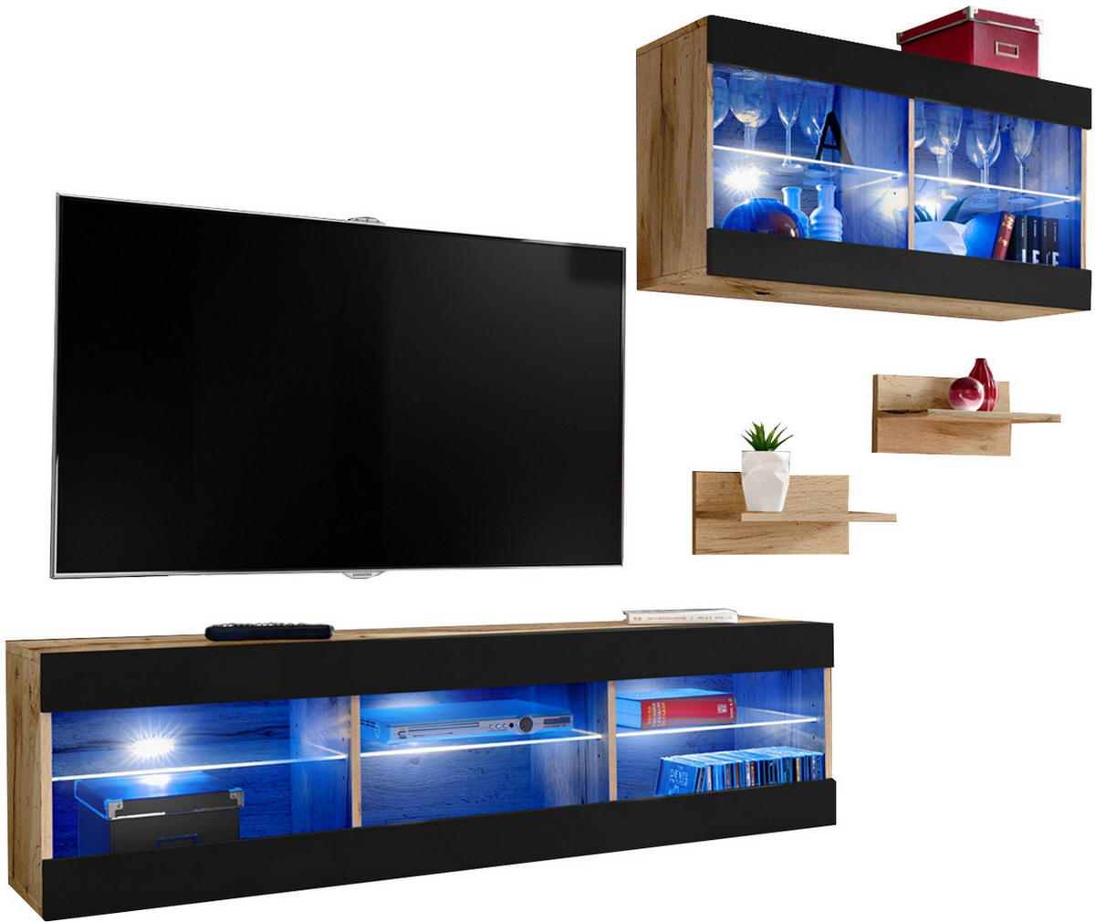 4-ER Set, Wohnwand TIVOLI SET3+BLU Offener Raum Wotan + Schwarz - Schwarz/Weiß, Glas/Holzwerkstoff (240/195/35cm) - Komodee