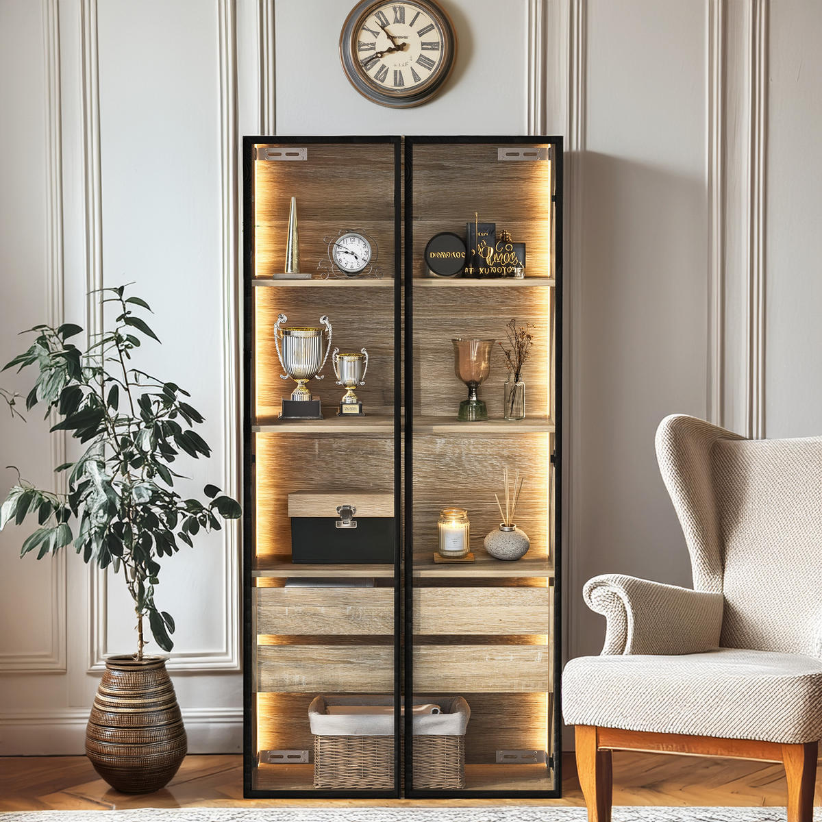 VITRINE Moderner Wand-/Standvitrine Glasschrank LED Milchglas Türen Stauraum flexibel montierbar - Transparent/Naturfarben, Glas/Holzwerkstoff (74/155/36cm) - EVRYAE
