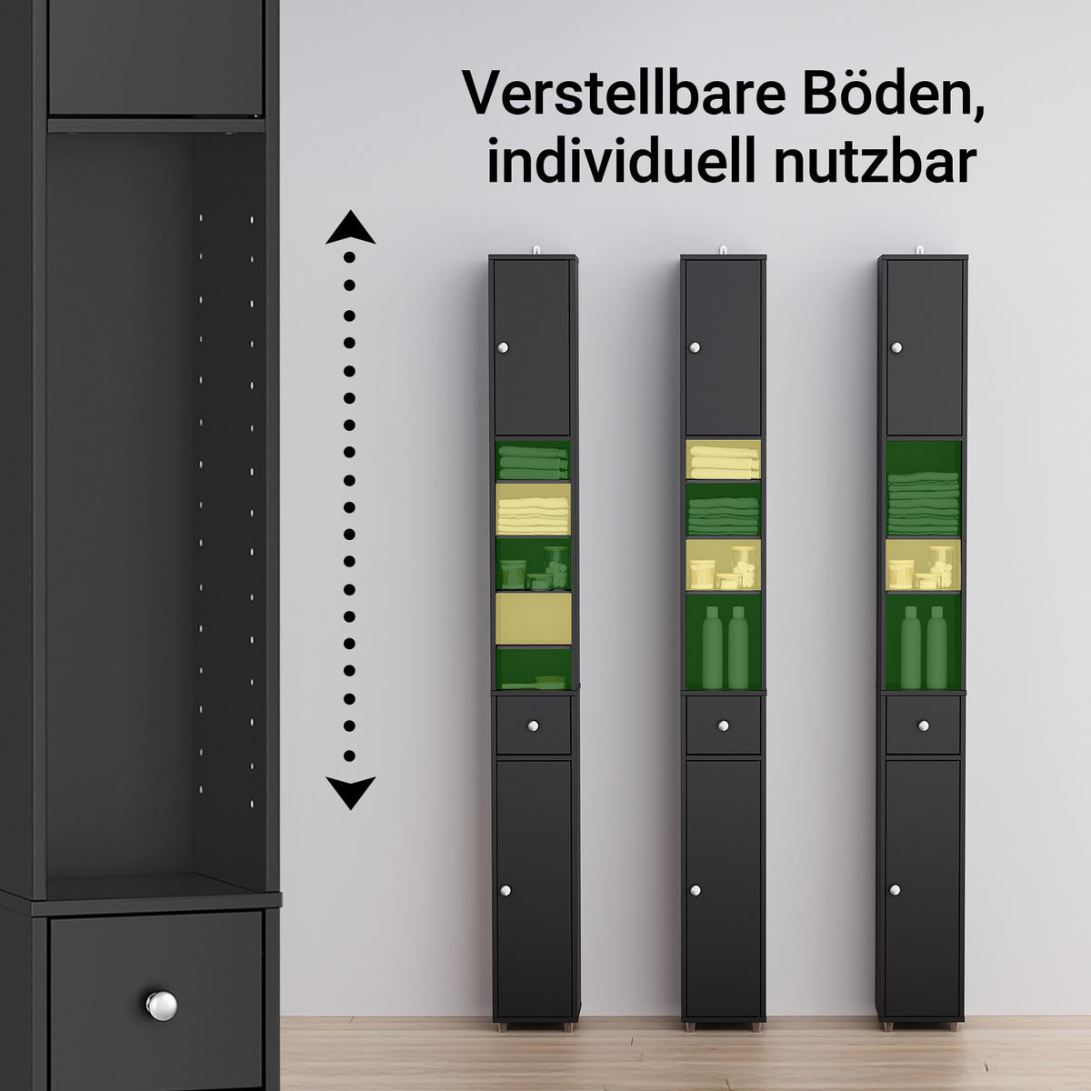 HOCHSCHRANK Schmal, Schwarz, 20x180x20cm - Schwarz, Holzwerkstoff (20/180/20cm) - SoBuy