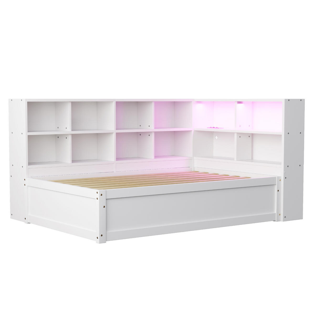 KREVET 90/200 cm s multifunkcijskom utičnicom, LED svjetlosnom trakom i više spremišnih pretinaca, Bijela - bijela, drvni materijal (220.5/82/114.5cm) - Redom