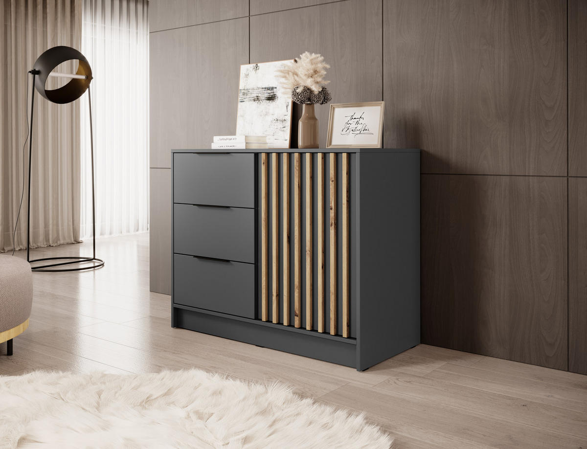KOMMODE Stilo 105 cm in Graphit + Eiche Artisan Lamellen - Schwarz/Graphitfarben, Holz/Holzwerkstoff (105/86/45cm) - Ravio