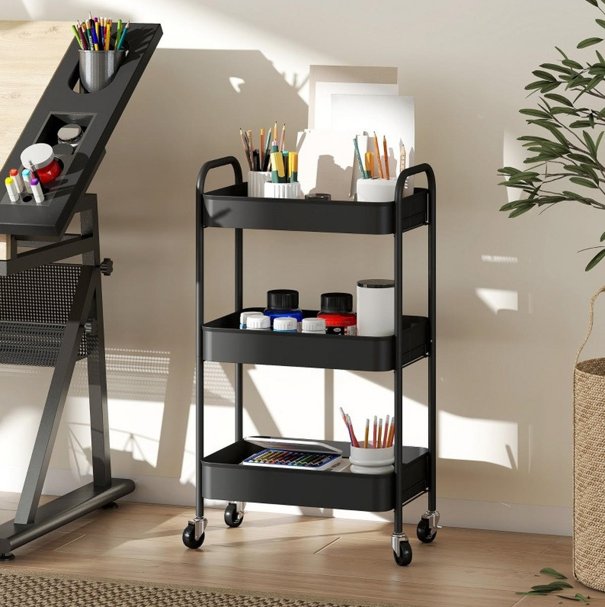 ROLLWAGEN mit 3 Gitterkörben 45 x 30,6 x 79 cm Stahl Schwarz - Schwarz, Metall (30.6/79/45cm) - Beauniv