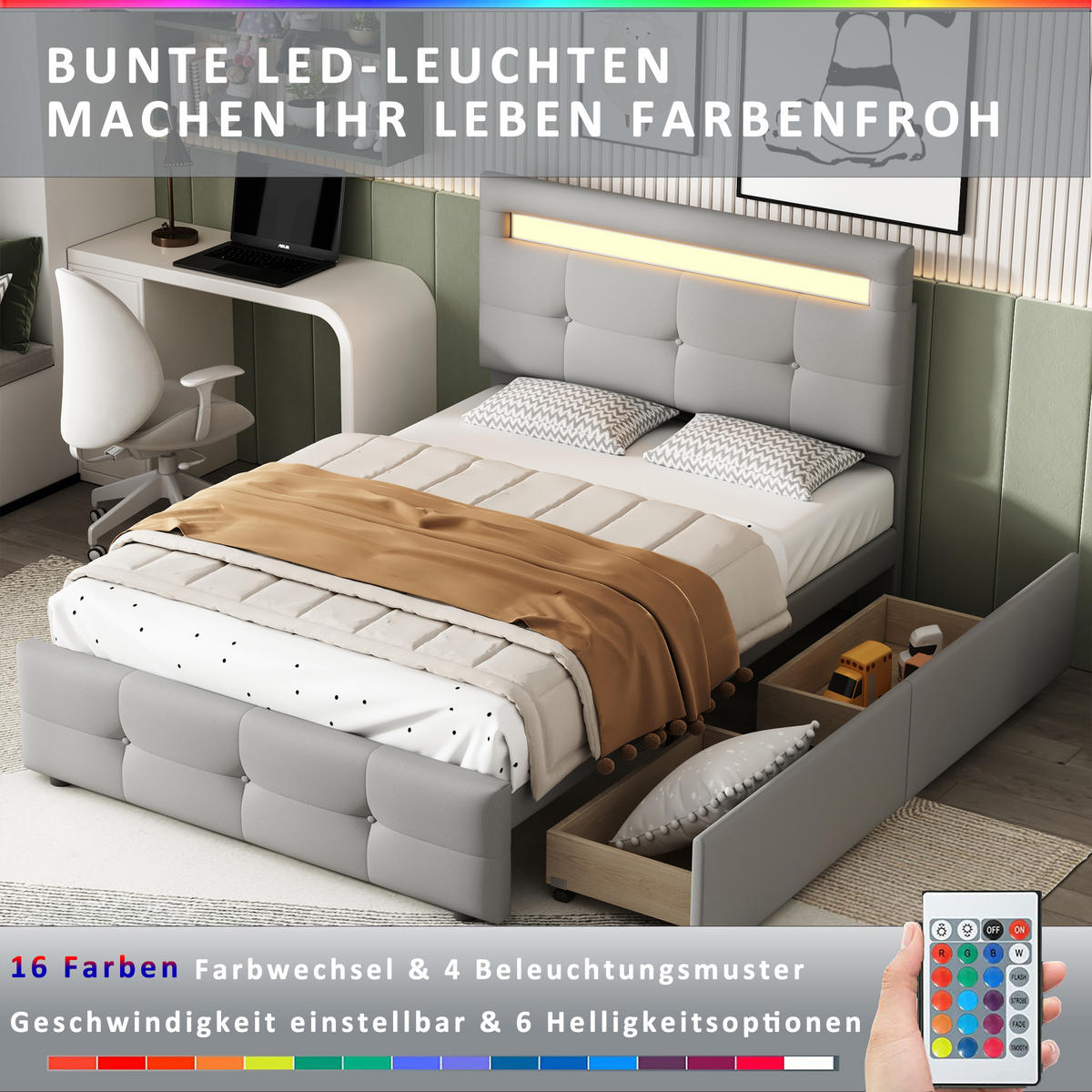POLSTERBETT 90x200 cm in Leinen-Optik Grau mit LED-Beleuchtung & 2 Schubladen - Grau, Textil (90/200cm) - Urban Meuble