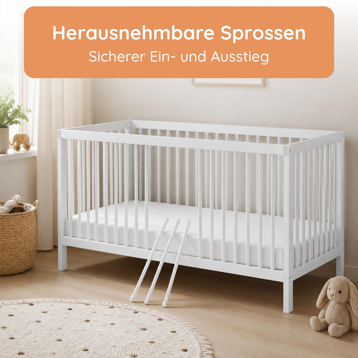 BABYPOSTIEĽKA s polovičnou bočnou zábranou 70x140 cm v bielej farbe - biela, drevo (70/140cm) - Kids Collective